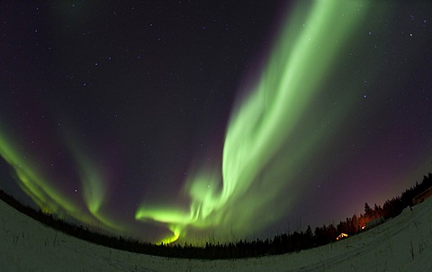 Swirling northern polar lights, Aurora Borealis, green, near Whitehorse, Yukon Territory, Canada