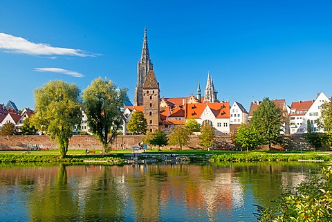 Panorama across the Danube River towards Ulm with Ulm Minster and Metzgerturm, Butchers Tower, Baden-Wuerttemberg, Germany, Europe, PublicGround