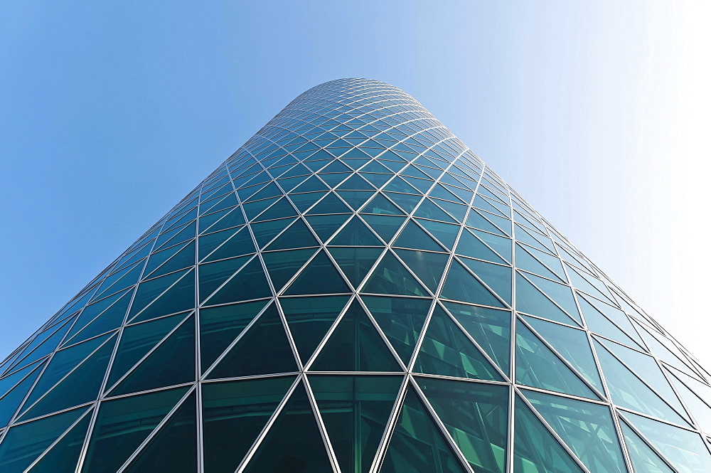 High-rise building, Westhafen Tower, nicknamed Apple Wine Tower after the shape of a typical Frankfurtian cider glass, detail of the glass facade, Frankfurt am Main, Hesse, Germany, Europe