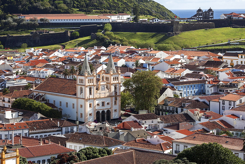 View from the Alto da Memoria to the old town of Angra do Heroismo, central cathedral, Cathedral, Se Catedral, Igreja de Santissimo Salvador da Se, UNESCO World Heritage Site, Terceira Island, Azores, Portugal, Europe