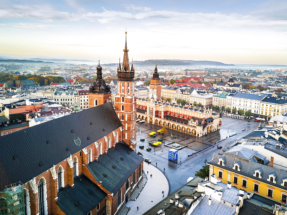 View over town with historic market square, Krakow, Poland, Europe (Drone)