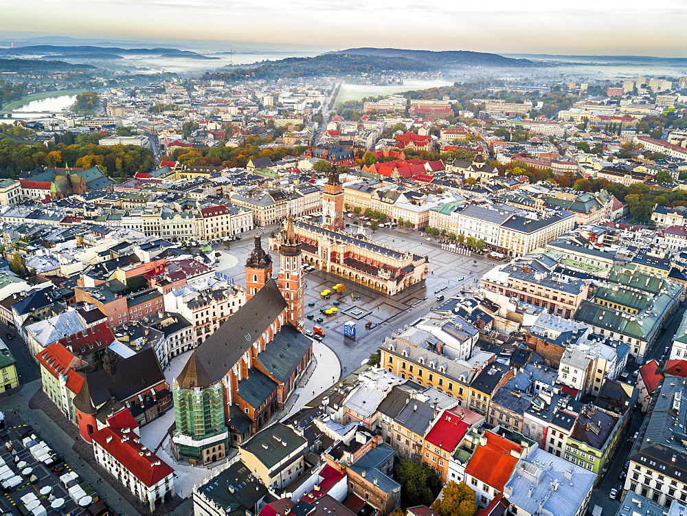 View over town with historic market square, Krakow, Poland, Europe (Drone)