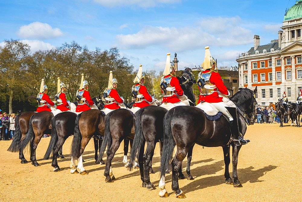 The Royal Guards in red uniform on horses, The Life Guards, Household Cavalry Mounted Regiment, parade ground Horse Guards Parade, Changing of the Guard, Old Admiralty Building, Whitehall, Westminster, London, England, United Kingdom, Europe