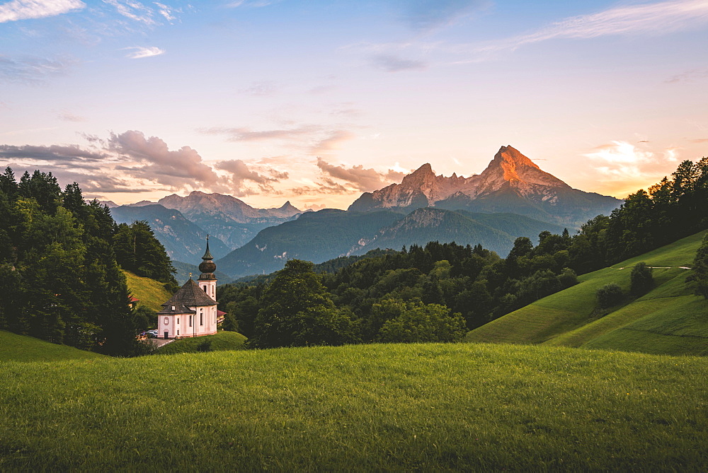 Pilgrim church Maria Gern, sunset view to mountain Watzmann from the valley Hochtal, Berchtesgarden Alps, Berchtesgaden, Berchtesgaden area, Upper Bavaria, Bavaria, Germany, Europe