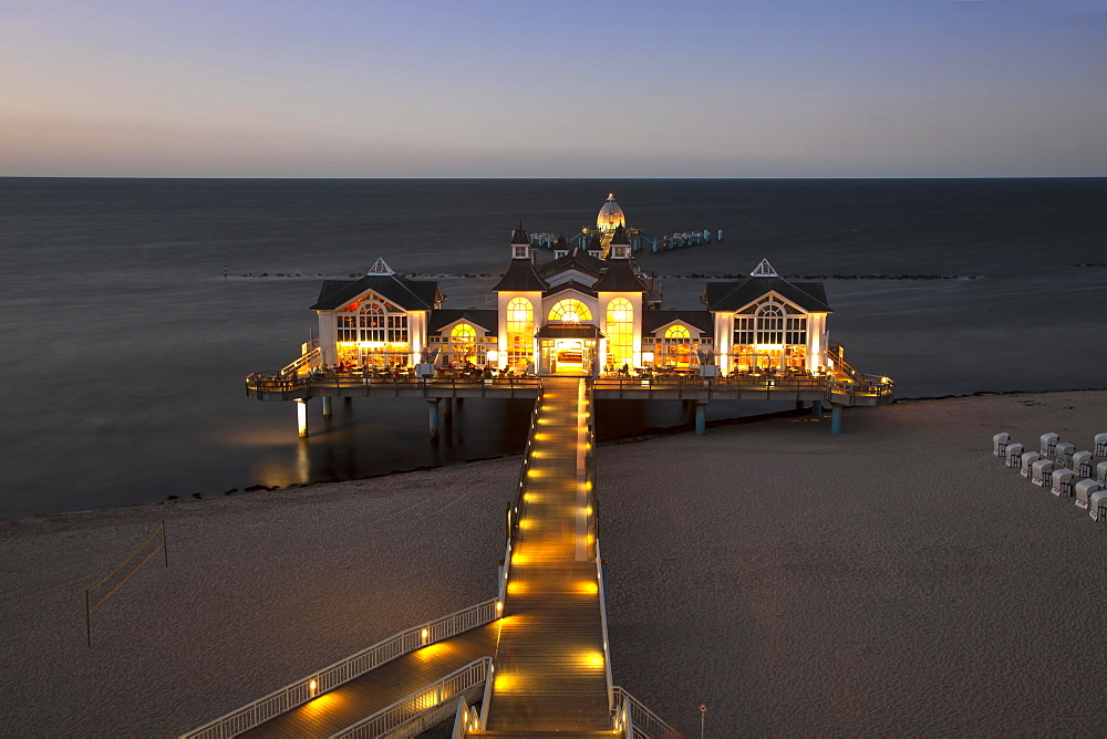 New pier, illuminated, dusk, Baltic seaside resort Sellin, Rügen Island, Mecklenburg-Western Pomerania, Germany, Europe