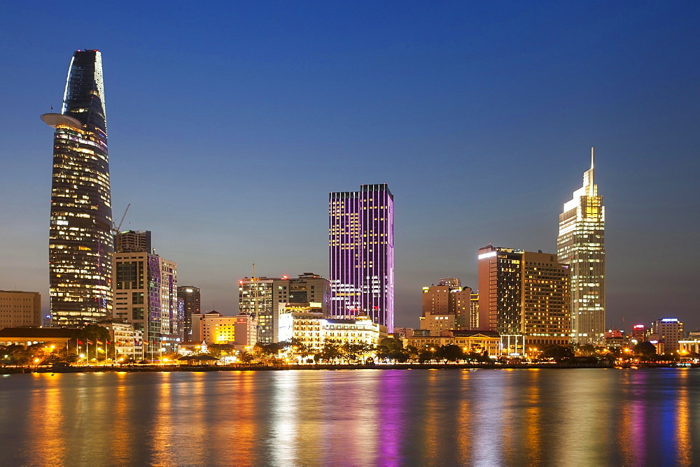 Skyline Saigon, downtown with Bitexo Tower, District 1, Dusk, Ho Chi Minh City, Vietnam, Asia