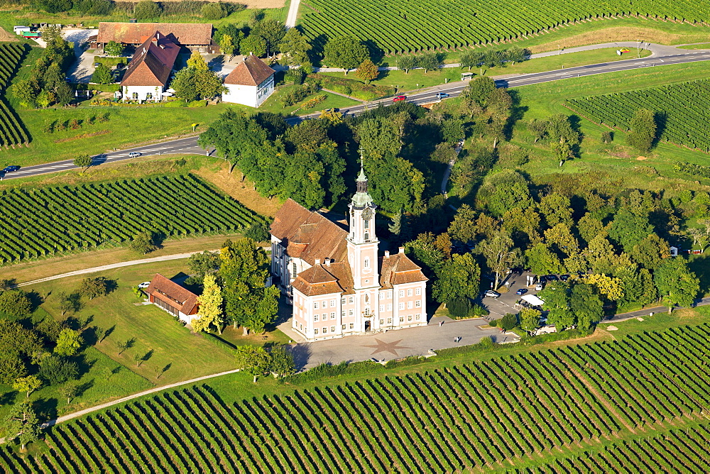 Aerial view of Birnau Pilgrimage Church, Uhldingen Muhlhofen, Baden-Württemberg, Germany, Europe