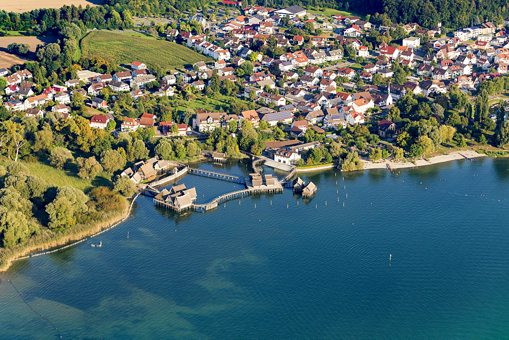 Aerial view of stilt houses, village of Unteruhldingen, Uhldingen Muhlhofen, Lake Constance, Baden-Württemberg, Germany, Europe