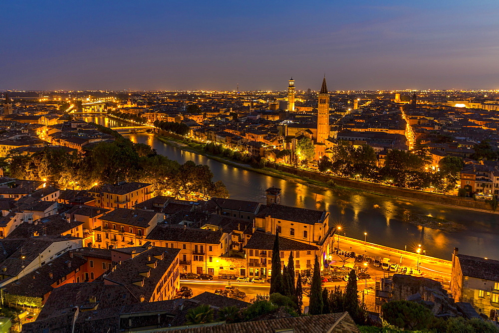 View at dusk from the hill of San Pietro to the old town, river Adige with Roman bridge Ponte Pietra, Verona, Veneto, Italy, Europe