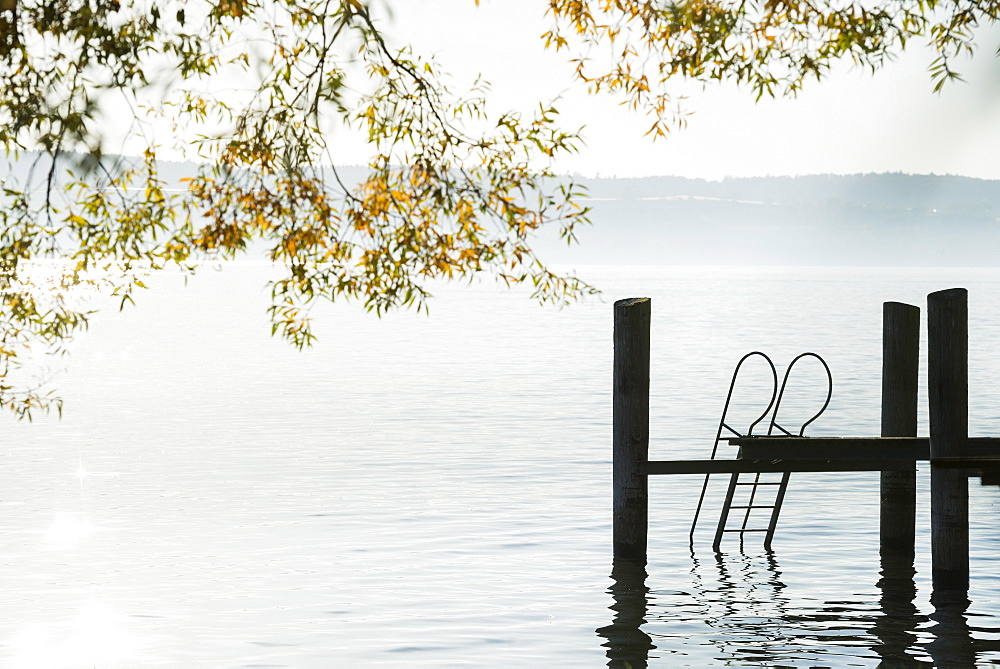 Bridge with ladder into the lake, Lake Constance in autumn, Uhldingen-Mühlhofen, Baden-Württemberg, Germany, Europe