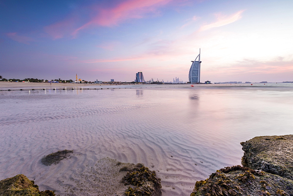 Luxury hotel Burj al Arab and Jumeirah Beach, Burj al 'Arab, Tower of the Arabs, Dubai, Emirate of Dubai, United Arab Emirates, Asia