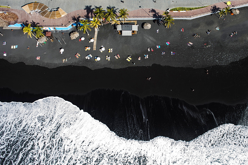 Surf, bathing people on black lava beach, Puerto Naos, La Palma, Canary Islands, Spain, Europe