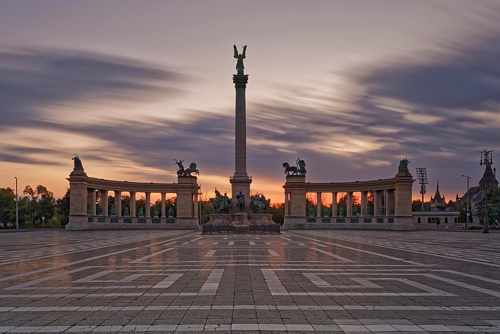 Millenium Monument at Heroes' Square, sunset, Budapest, Hungary, Europe