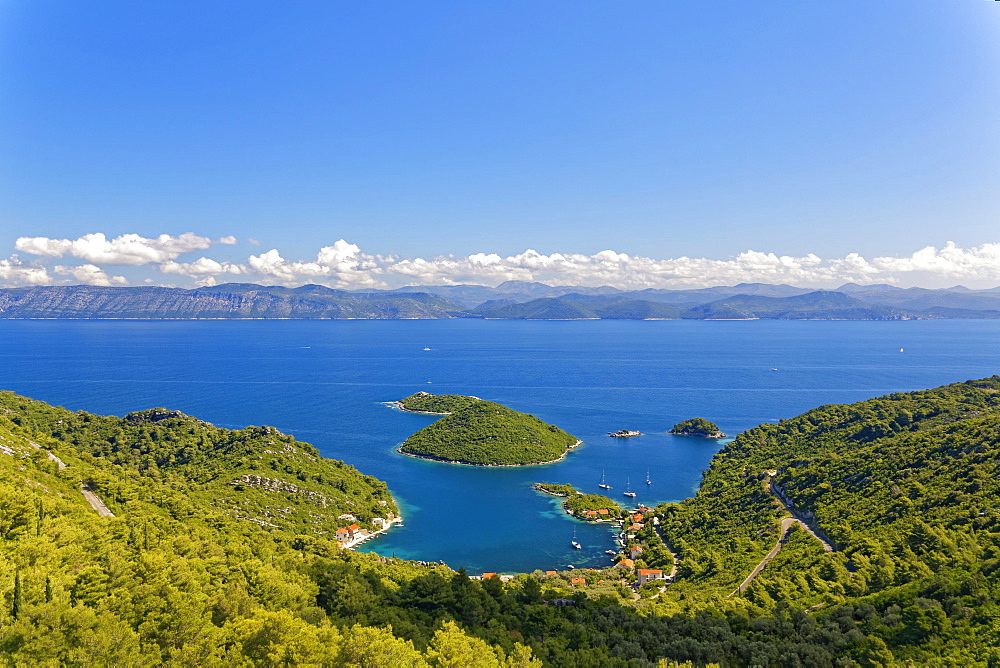 Port of Prozurska Luka with a view of the Croatian mainland, island Mljet, Dubrovnik-Neretva, Dalmatia, Croatia, Europe