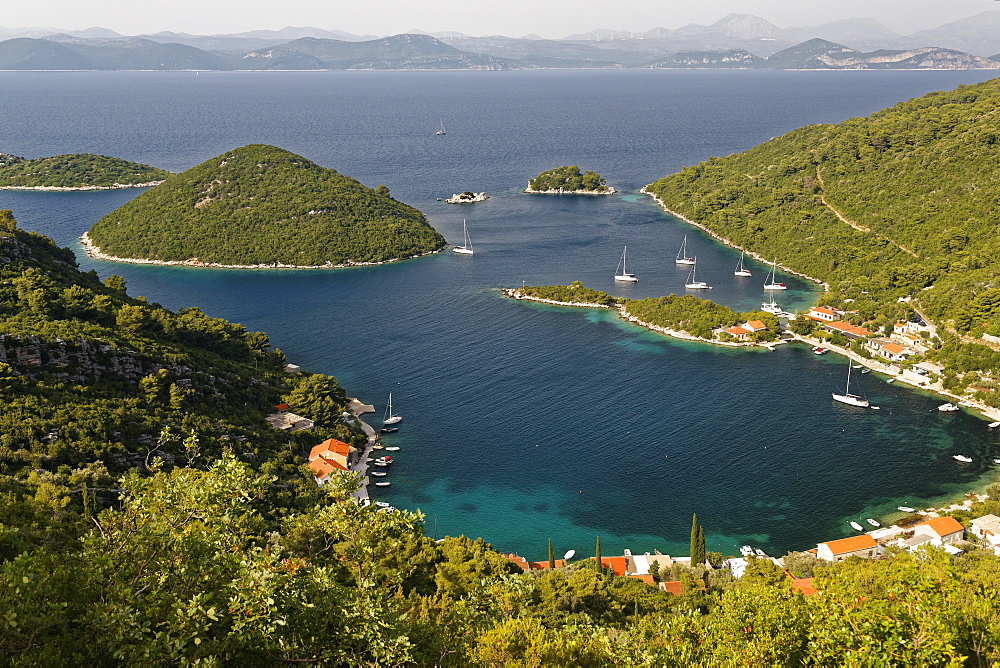 Port of Prozurska Luka with a view of the Croatian mainland, island Mljet, Dubrovnik-Neretva, Dalmatia, Croatia, Europe