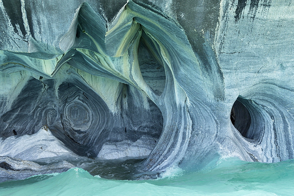 Bizarre rock formations of the marble caves, Cuevas de Marmol, Lago General Carrera, Puerto Rio Tranquilo, Región de Aysén, Chile, South America