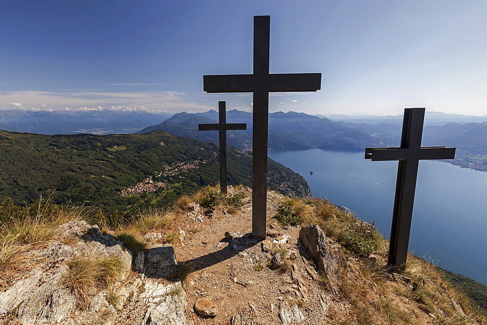 Crosses on Monte Morissolo, view of Trarego-Viggiona and Lago Maggiore, Verbano-Cusio-Ossola province, Piedmont region, Italy, Europe