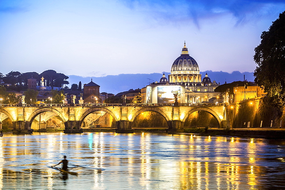 Saint Peter's Basilica with bridge over Tiber, dusk,  Rome, Italy, Europe