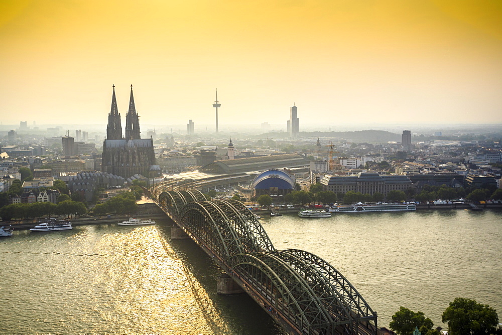 Cityscape with Hohenzollern Bridge and Cathedral, Cologne, Germany, Europe