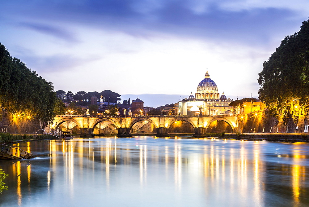 Saint Peter's Basilica with bridge over Tiber, dusk,  Rome, Italy, Europe