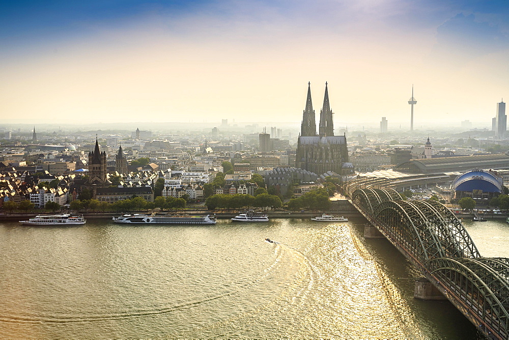 Cityscape with Hohenzollern Bridge and Cathedral, Cologne, Germany, Europe