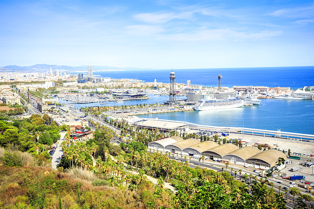 Cityview with harbour, viewed from Castle hill, Barcelona, Catalonia, Spain, Europe