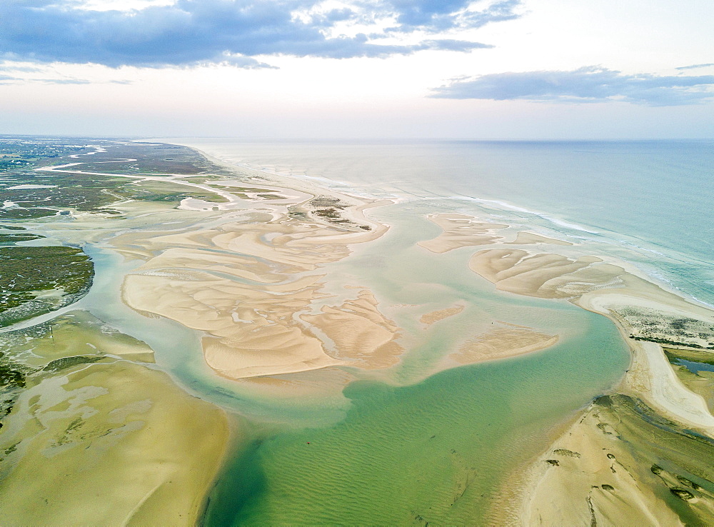 Aerial view from lagoon, Ria Formosa National Park, Fuseta, Algarve, Portugal, Europe