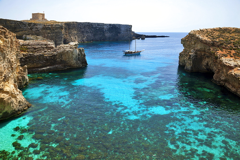 Yacht in the Blue Lagoon, Comino, Malta, Europe