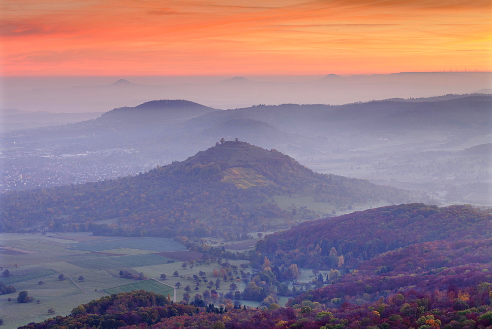 View from Breitenstein of Limburg and Drei Kaiserberge Hohenstaufen, Rechberg and Stuifen, Weilheim, Swabian Jura, Baden-Württemberg, Germany, Europe