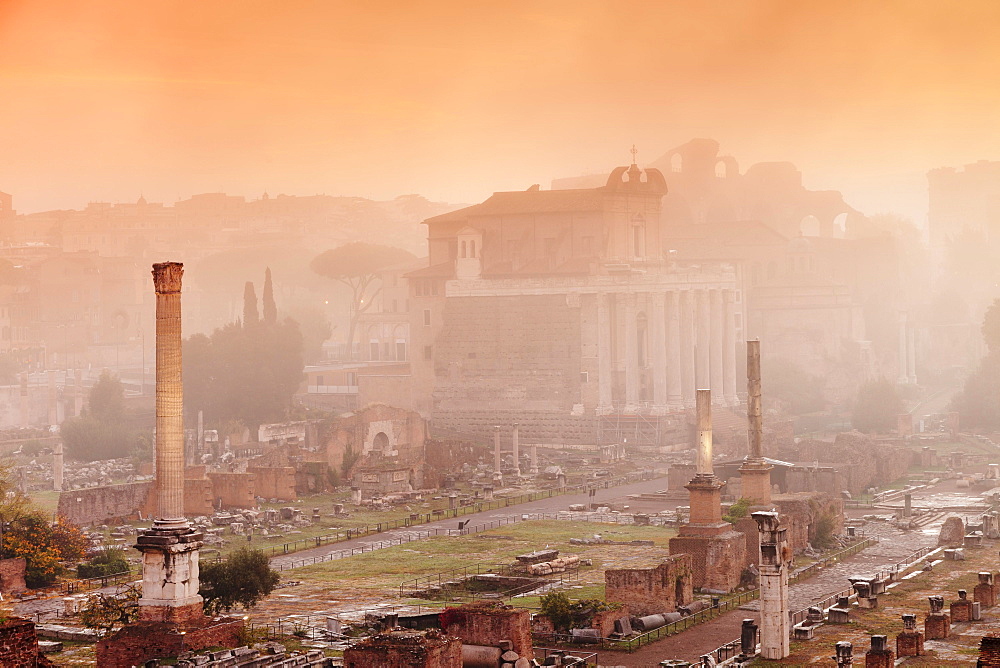 Roman Forum in the morning mist at sunrise, Foro Romano, Rome, Lazio, Italy, Europe