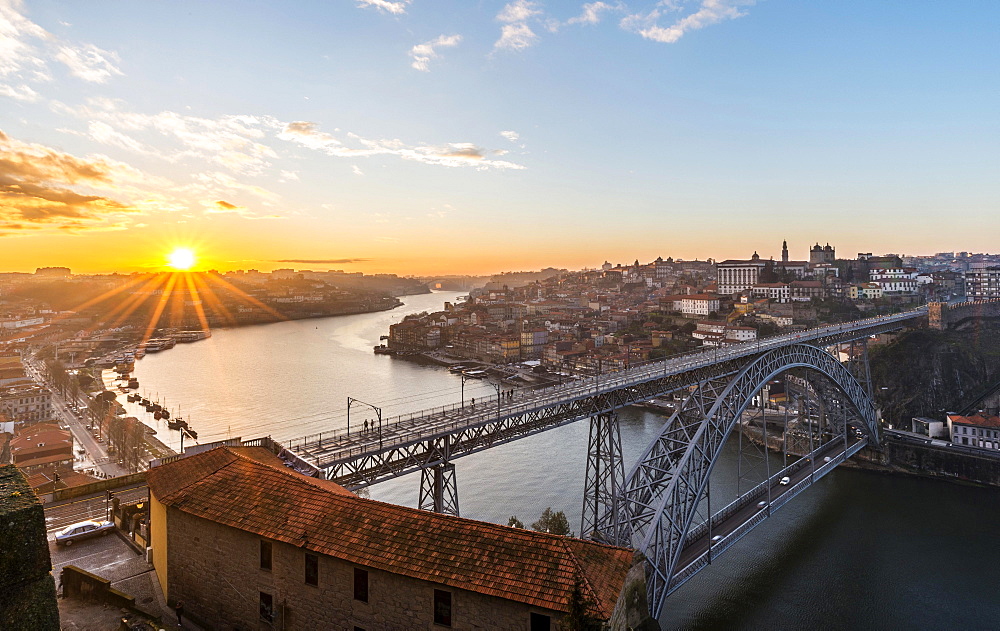 View over Porto with Ponte Dom Luis I Bridge across River Douro, sunset, Porto, Portugal, Europe