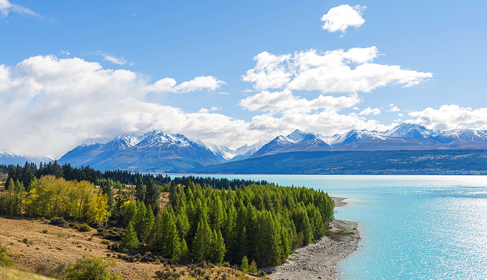 Turquoise water, Lake Pukaki, Ben Ohau Range with snow, Canterbury Region, Southland, New Zealand, Oceania