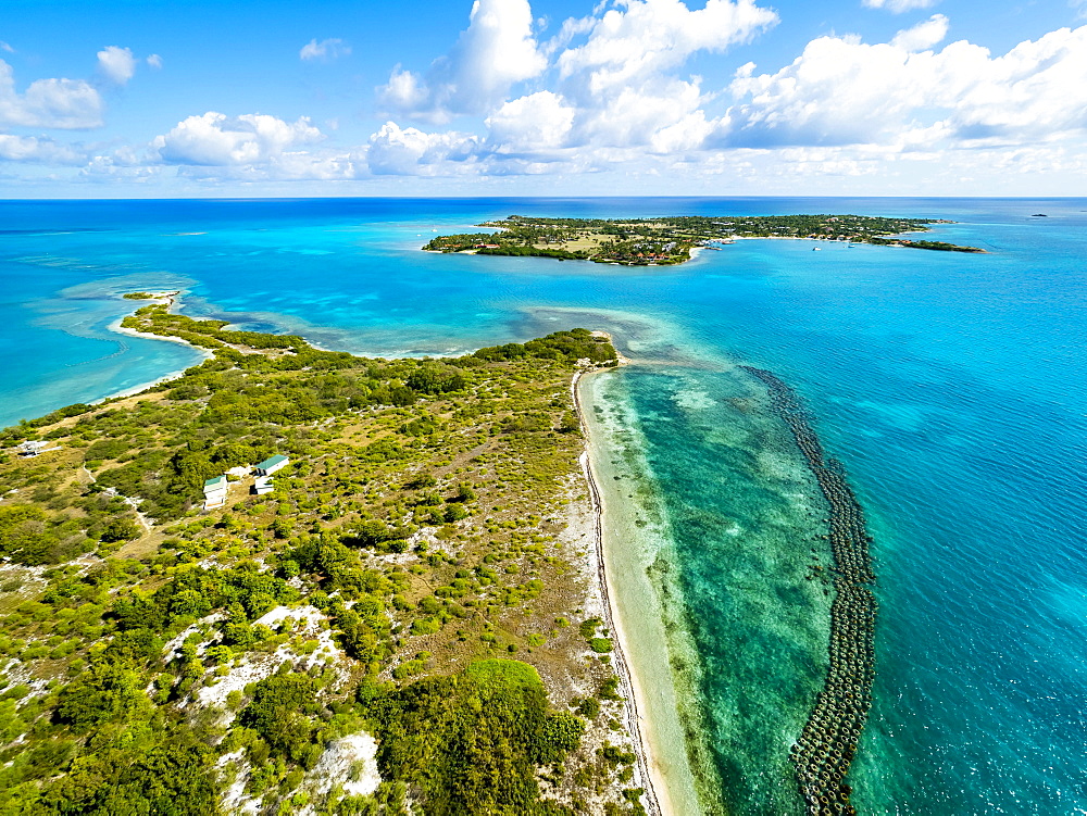 Maiden Island with fish traps, Long Island behind, West Indies, Caribbean, Antigua and Barbuda, Central America