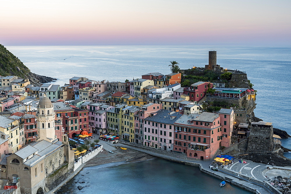 Townscape, colorful houses at dusk, Vernazza, Cinque Terre National Park, Liguria, Italy, Europe