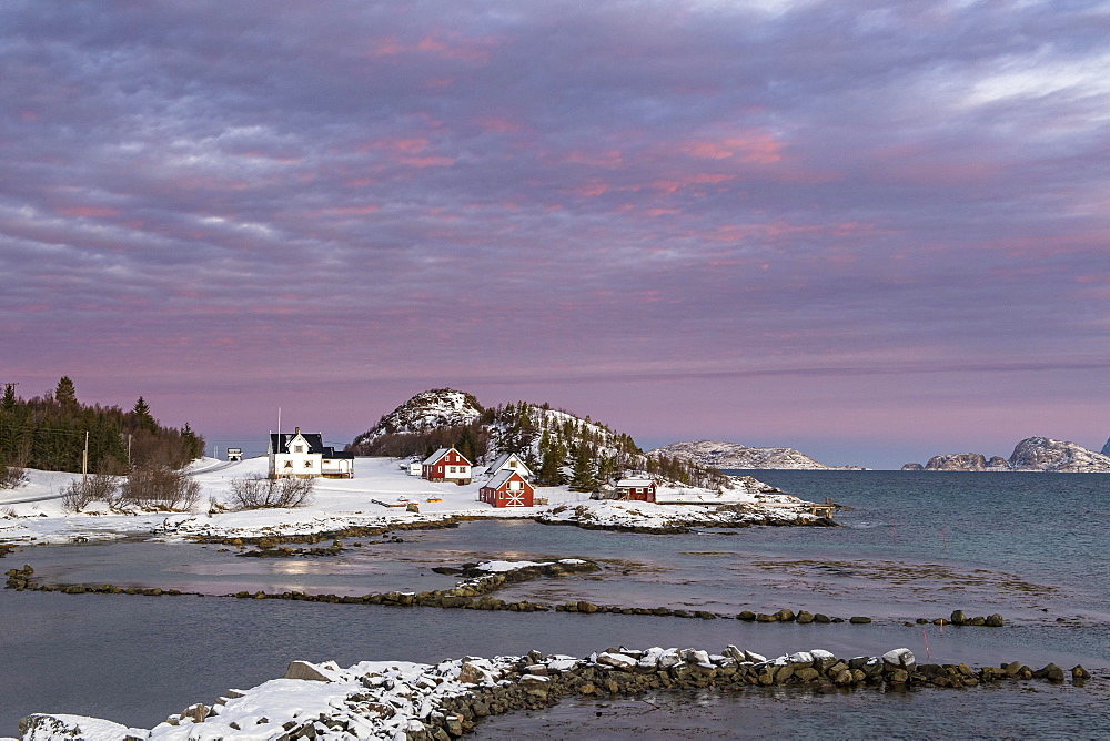 Morning atmosphere over the houses of Botnhamn, Senja Island, Troms, Norway, Europe