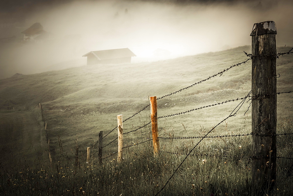 Pasture fence on mountain meadow with small cabin in the fog, Kaltenbrunn, Upper Bavaria, Germany, Europe