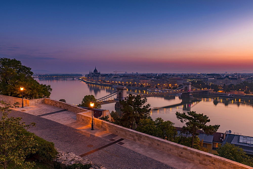 City view, Danube river with chain bridge and parliament at dusk, Budapest, Hungary, Europe