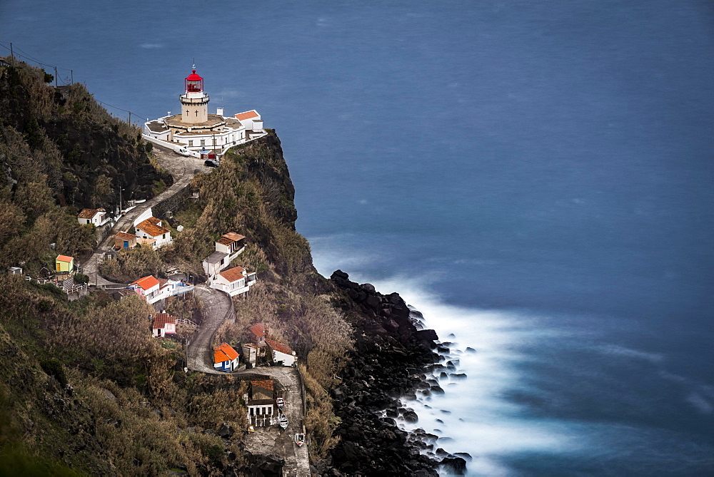 Lighthouse Farol da Ponta do Arnel with sea, Nordeste, Sao Miguel, Azores, Portugal, Europe