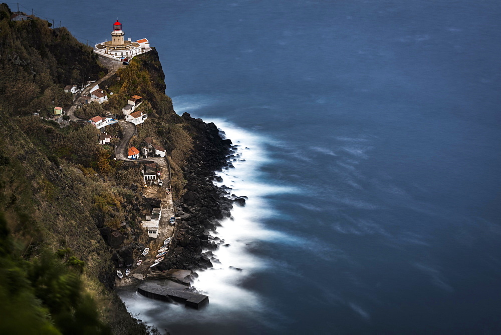 Lighthouse Farol da Ponta do Arnel with sea, Nordeste, Sao Miguel, Azores, Portugal, Europe