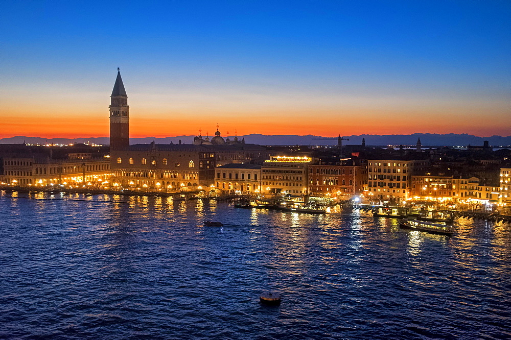 View from San Marco Basin, Bacino di San Marco, sunset, Piazza San Marco with Campanile and Doge's Palace, Palazzo Ducale, Venice, Italy, Europe