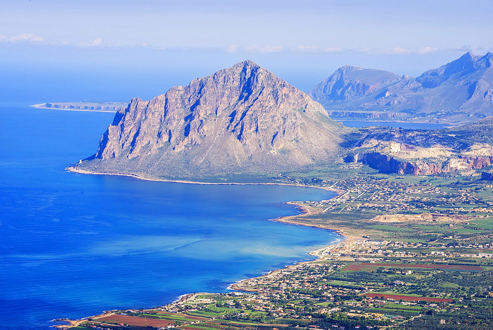 View to coast of Trapani and Monte Cofano, seen from Erice, Trapani province, Sicily, Italy, Europe