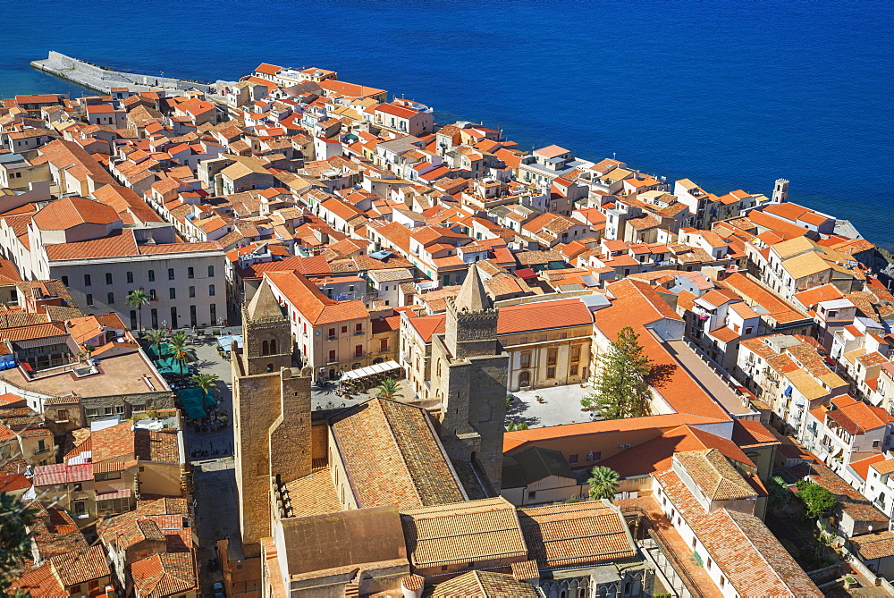 View of the town from La Rocca, Cefalu, Sicily, Italy, Europe