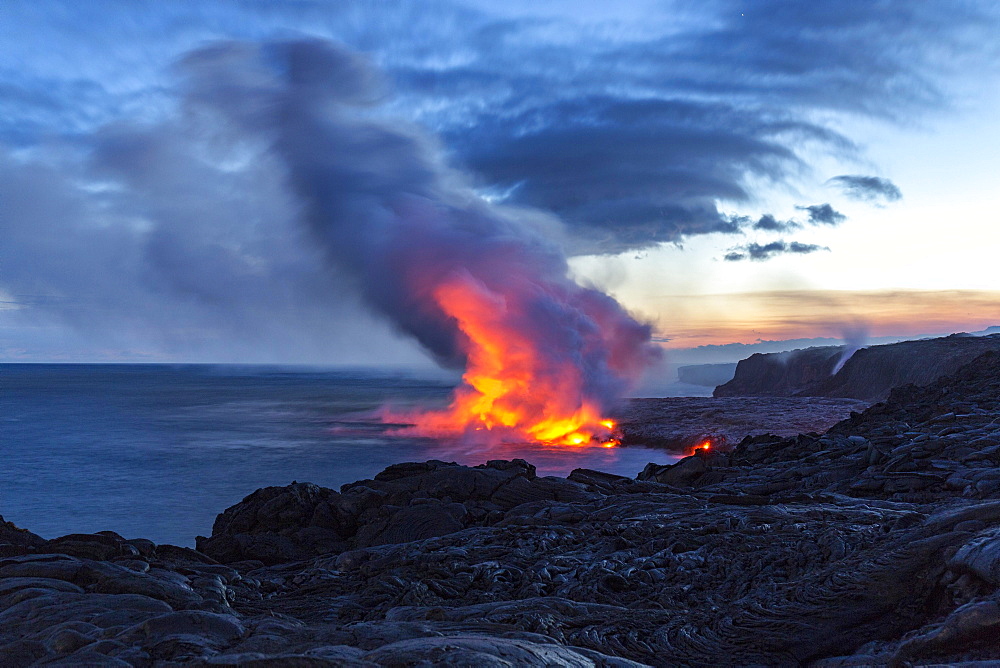 Lava entering ocean, Kalapana, Hawai'i Volcanoes National Park, Big Island, Hawai'i, USA, North America