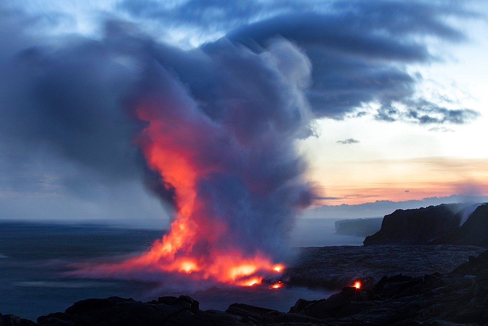 Lava entering ocean, Kalapana, Hawai'i Volcanoes National Park, Big Island, Hawai'i, USA, North America