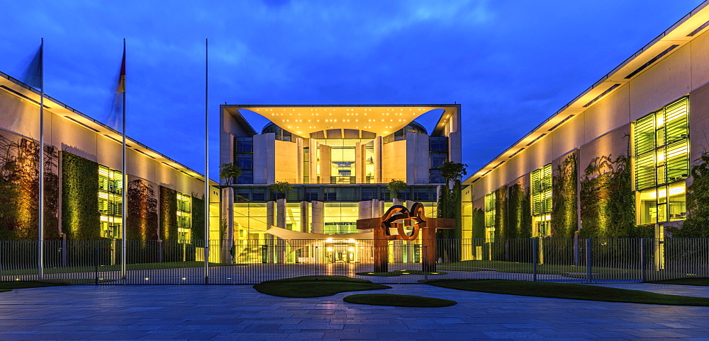 Illuminated Federal Chancellery, Government District, Blue Hour, Berlin, Germany, Europe