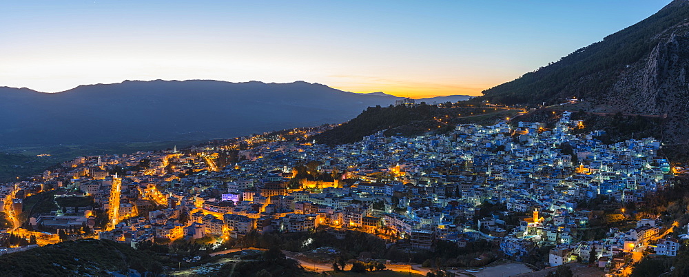 Evening shot, view of the illuminated medina of Chefchaouen, Chaouen, Tangier-Tétouan, Morocco, Africa