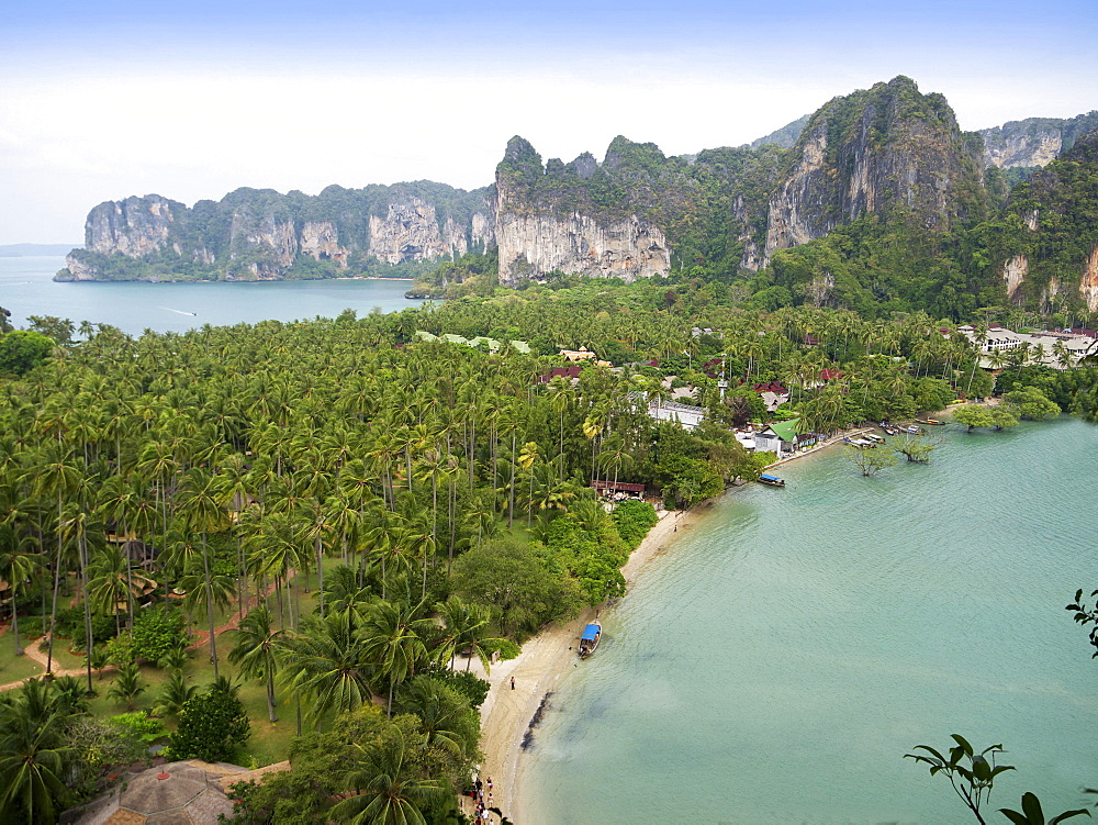 View of palm groves and chalk rock formations with the Hat Rai Leh West and Hat Rai Leh East beaches on the Railey peninsula Rai Leh, Andaman Sea, Krabi province, Thailand, Asia