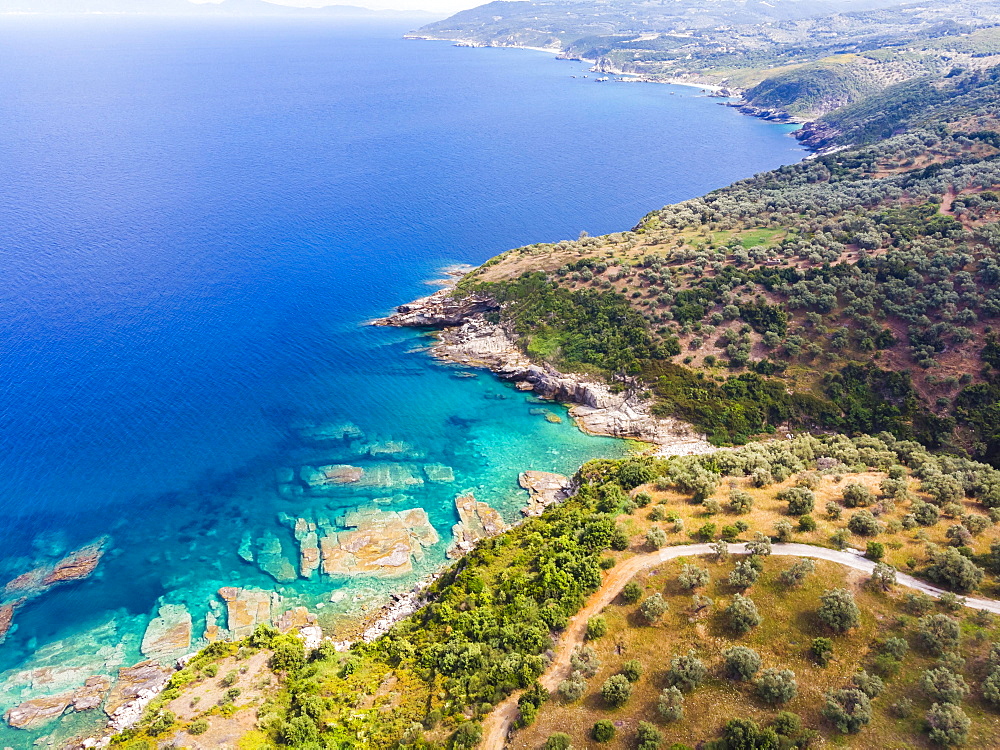 Aerial view, Beach and rocky coast of Pelion, Volos region, straits of Trikeri, Greek peninsula Pelion, Pagasitic Gulf, Greece, Europe