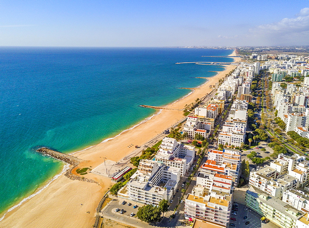 Aerial view, wide sandy beach in touristic resorts of Quarteira and Vilamoura, Algarve, Portugal, Europe