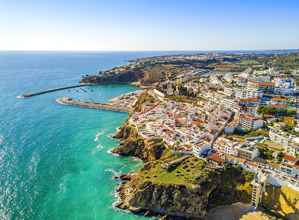 Aerial view of Fishermen Beach, Albufeira, Algarve, Portugal, Europe